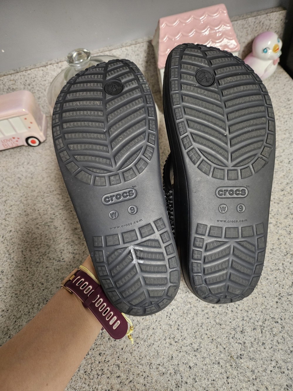 CROCS Black Wedge Flip Flop Sandals with Stud Embellishments - Picture 5 of 7